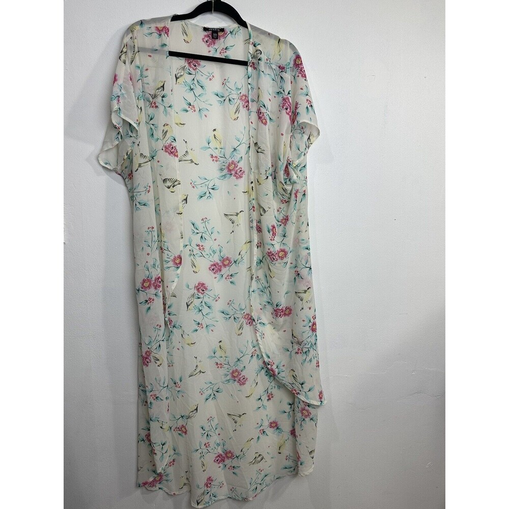 TORRID Women Ivory Pink Green Floral Birds‎ Short Sleeve Cardigan Dress Size 2/3